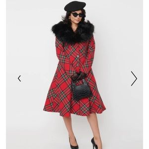 Unique Vintage Red Plaid & Black Fur Carrie Swing Coat